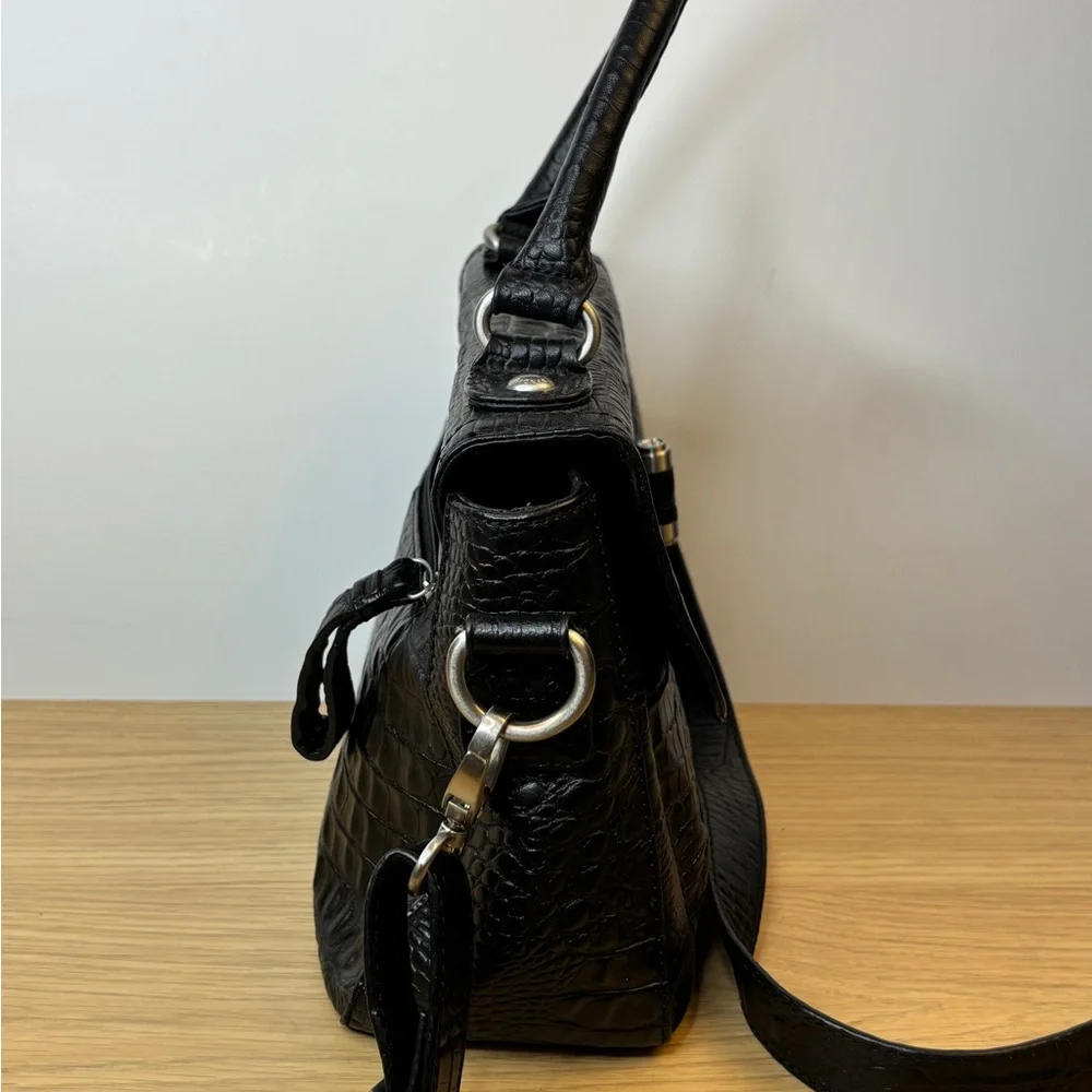 Etienne Aigner Black Croc Embossed Leather Satchel Top Handle Crossbody LIKE NEW